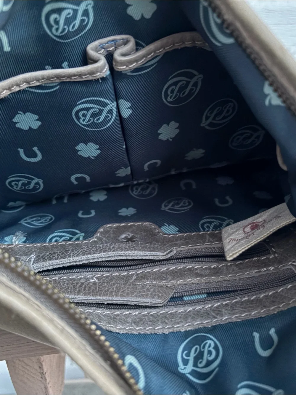 Lucky Brand Leather Crossbody Bag Taupe Gray Multi Pocket Adjustable Strap